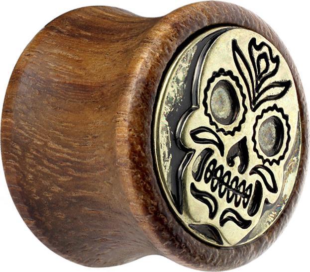 Produktbild Star Piercing Flared Plug aus Sonoholz mit Zuckerschädel (Organisch, Messing)