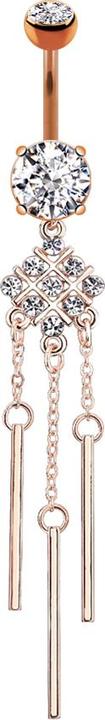 Star Piercing Banane rosegold mit zwei Kugeln Kristall silber Anhänger viereck mit Kristallen und drei Ketten (Chirurgenstahl 316L, Messing)