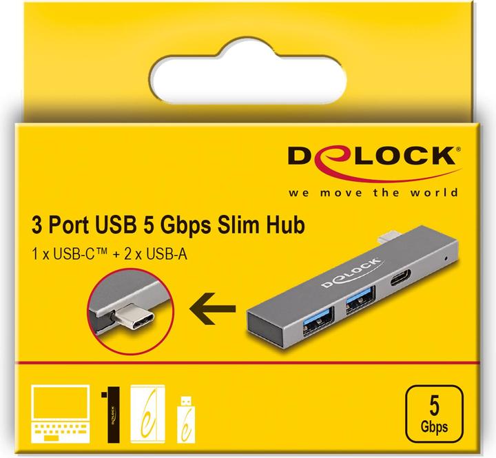 Productafbeelding Delock 3-poorts slanke USB-hub met USB Type-C naar 1 x USB 5 Gbps (USB-C, 3 Havens)