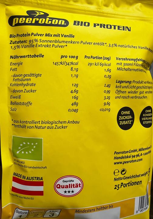 Nährwerte und Zutaten Peeroton Bio Protein Vanille Btl 500g (Vanille, 1 Stk., 500 g)