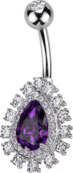 Star Piercing Banane silber mit Kugel silber Kristall silber und grossem Tropfen Kristall violett Kristalle silber (Chirurgenstahl 316L, Messing)