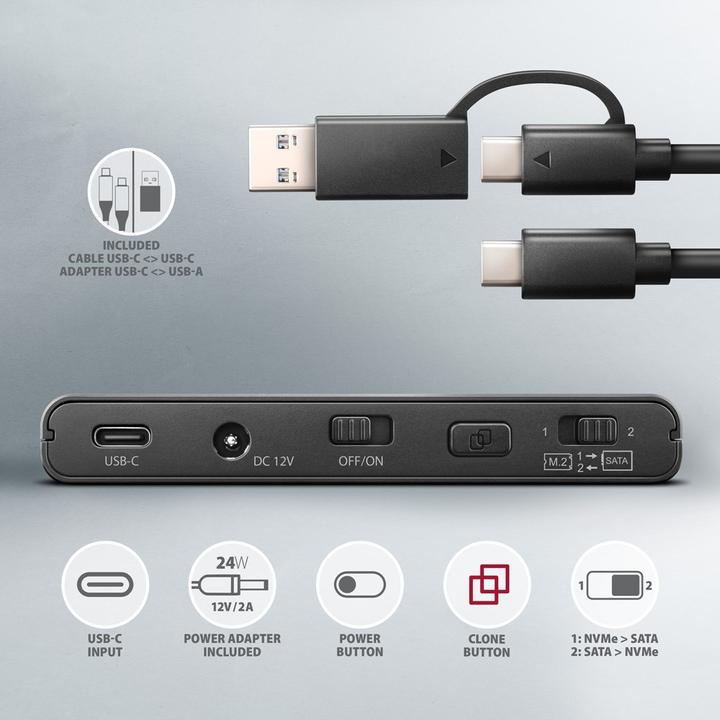 Actual product image Axagon ADSA-CC USB-C - NVMe M.2 SSD & SATA 2.5"/3.5" SSD/HDD CLONE MASTER (M.2 2280, M.2 2260)