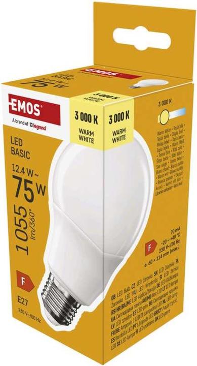 Image du produit Emos Lampe LED Basic A60 / E27 / 12,4 W (75 W) / 1055 lm / Blanc chaud (E27, 12.40 W, 1055 lm, 1 x, F)