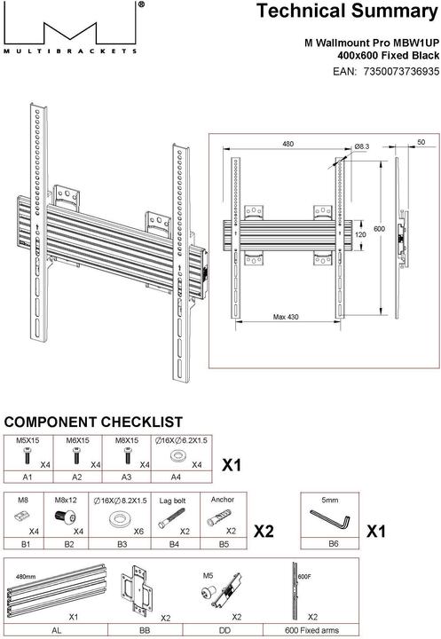 Image du produit Multibrackets Support mural, 40"-100", VESA 100x100-400x600 (Mur, 100", 80 kg)