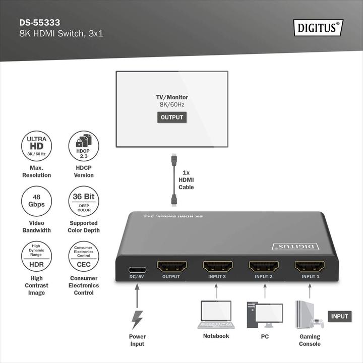 Productafbeelding Digitus 8K HDMI schakelaar, 3x1