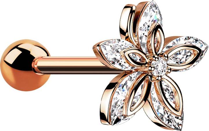 Star Piercing Micro Barbell rosegold mit Kugel und Blume fünf Kristallblätter (Messing, Chirurgenstahl 316L)