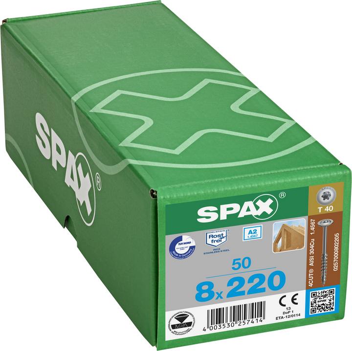 Produktbild Spax HI.FORCE, 8 x 220 mm, 50 Stück, Teilgewinde, Tellerkopf, T-STAR plus T40, 4CUT, Edelstahl rost (1 Schrauben pro Stück)