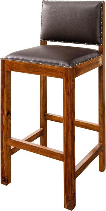 Floki24 Tabouret de bar de style colonial, acacia & cuir véritable 46x46x109 laqué- marron clair