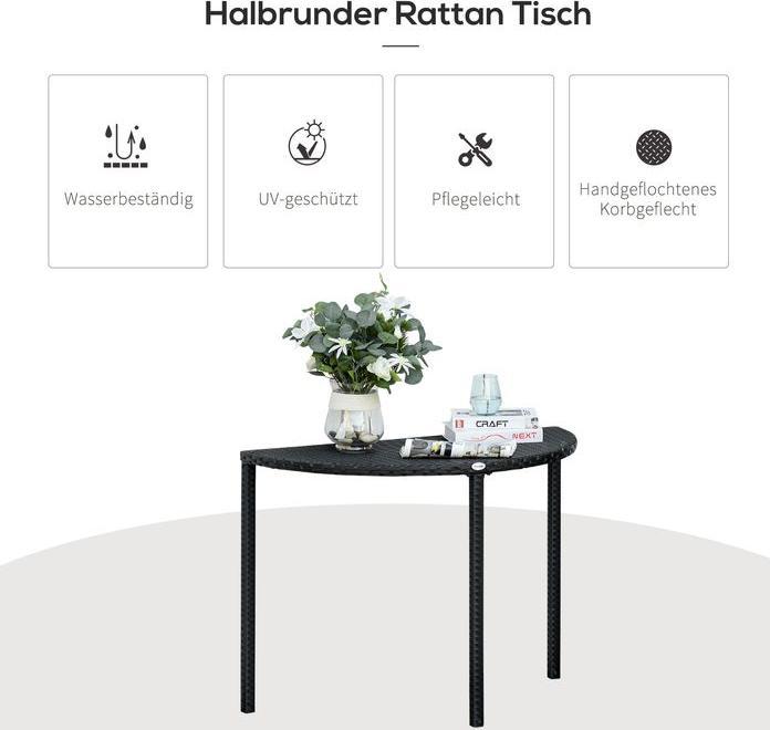 Produktbild Swisshandel24 Balkontisch Halbrunder Garten Beistelltisch aus Polyrattan und Metall, Schwarz, 100x50x74cm