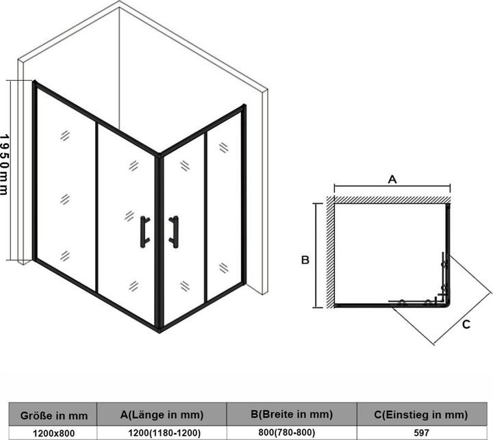 Produktbild SONNI Duschtür 90 x 90 cm schwarz Eckeinstieg Duschkabine Sicherheitsglas Schiebetür Eckdusche Dusch (120 cm, 195 cm)