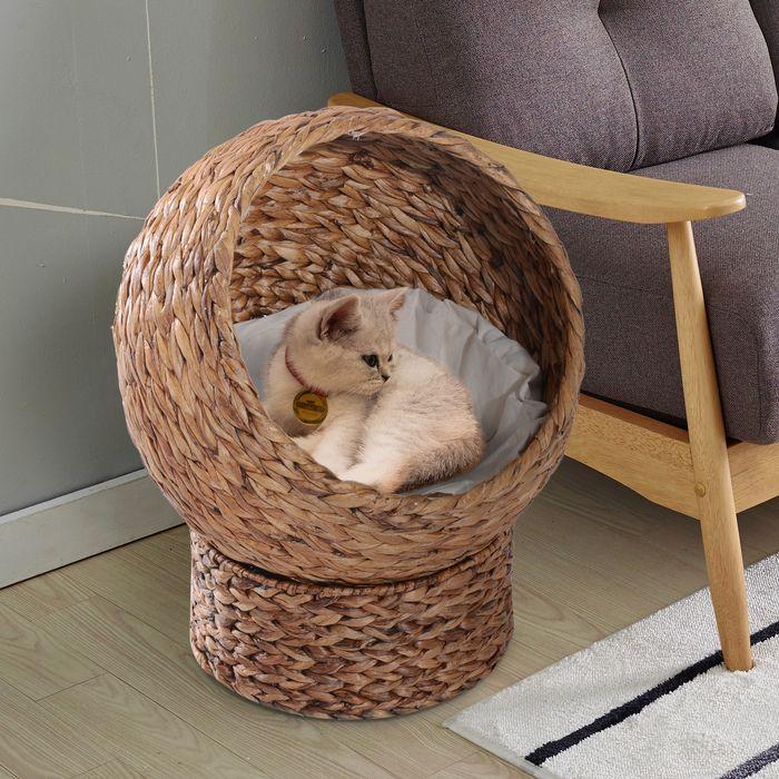 Produktbild Swisshandel24 Rattan Katzenkorb Katzenhöhle Katzenhütte Katzenbett mit Kissen Haustierbett Wasserhyazinthe Hellbra (Katze)