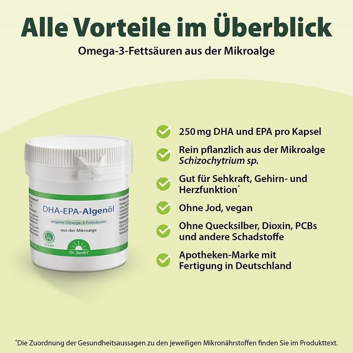 Valori nutrizionali e ingredienti Dr. Jacob's Olio di alga DHA-EPA (60 Pezzo/i, Pillole, 62 g)