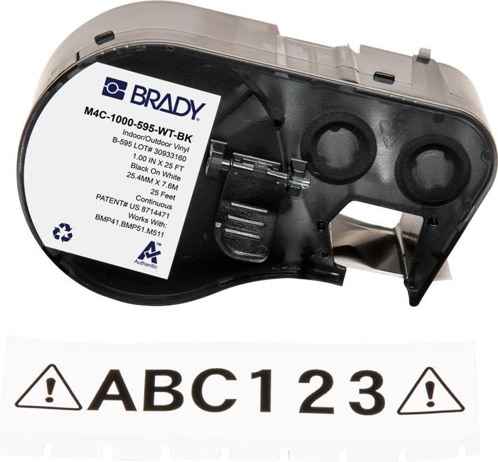 Actual product image Brady M4C-1000-595-WT-BK, vinyl, black on white, 25.40 mm x 7.62 m, permanent, continuous