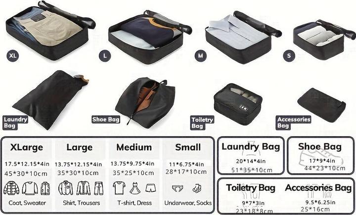 Image du produit Only-Bags.Store Jeu de 8 cubes de rangement - Organisateur de bagages en polyester de haute qualité avec poches