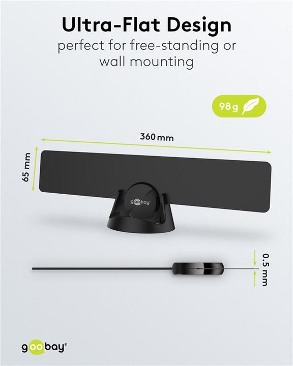 Produktbild Goobay Ultraflache Full HD DVB-T Zimmerantenne, inkl. LTE/4G Filter, Schwarz (Flachantenne, 16 dB, DVB-T / -T2)