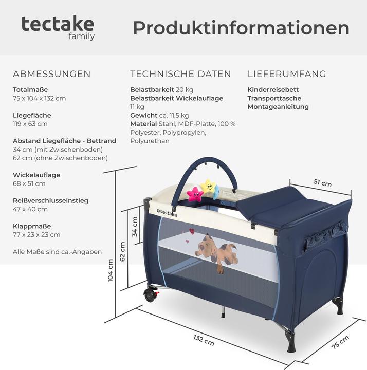 Produktbild tectake Kinderreisebett Hund mit Wickelauflage und Transporttasche