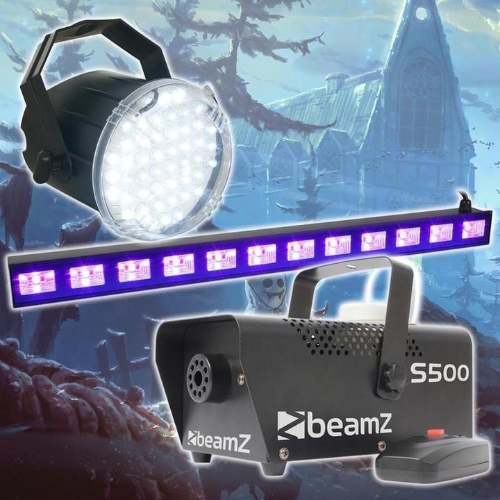 Produktbild BeamZ Halloween Light Effect Set mit grossem Stroboskop, Blacklight LED -Bar und S500 -Rauchmaschine