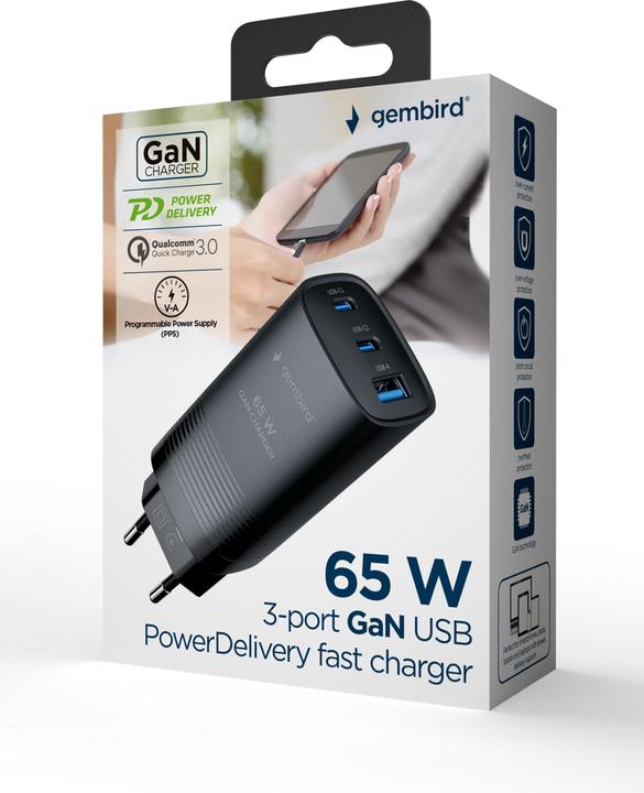 Immagine prodotto Gembird Caricatore Power Delivery 1xA 2xC GaN Nero (65 W)