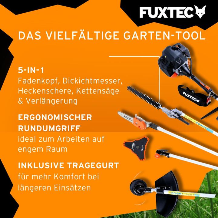 Immagine prodotto Fuxtec FX-MT252ER Multitool 5in1 decespugliatore a benzina con potatore alto regolabile (FX-MT252ER) (Filo di taglio, Coltelli plastica)