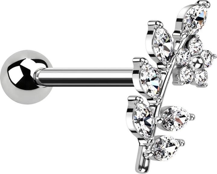 Star Piercing Micro Barbell silber mit Kugel Rebe mit Blume Kristalle silber (Chirurgenstahl 316L, Messing)