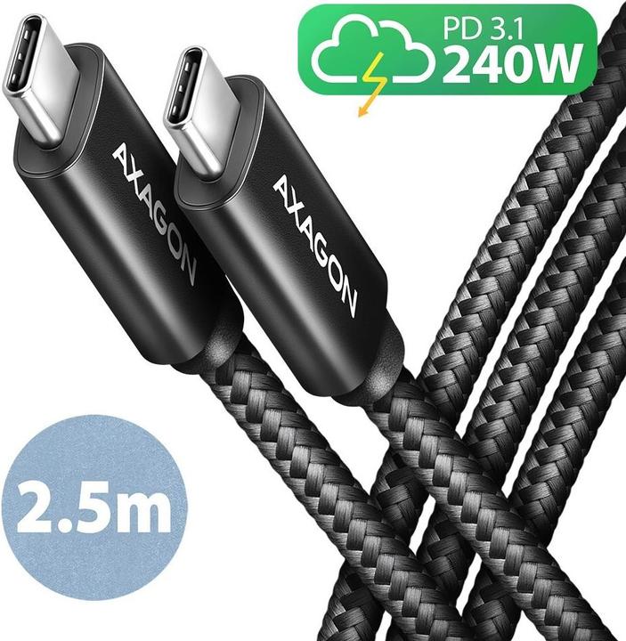 Image du produit Axagon BUCM2-CM25AB Câble de charge USB-C vers USB-C 2.0, 2,5 m, PD 240 W 5 A, ALU - Noir (2.50 m, USB 2.0, 240 W)