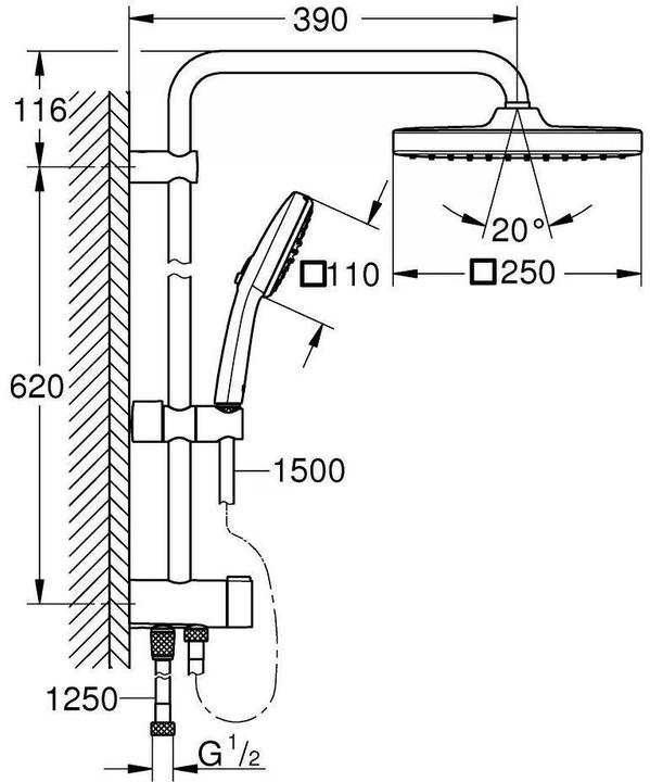 Produktbild Grohe Vitalio Comfort 250 Flex Duschsystem mit Umstellung, Reno-Set, Länge 620mm, wassersparend, chrom