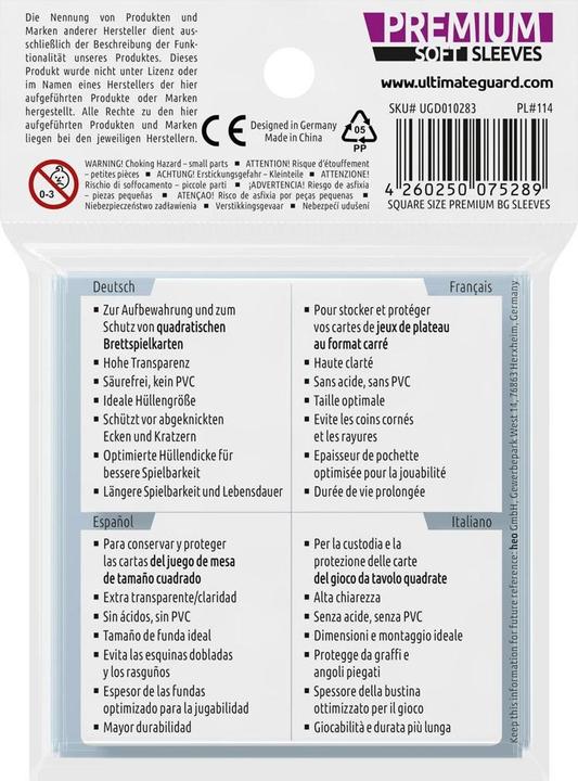 Produktbild Ultimate Guard UGD010283 - Premium 50 Kartenhüllen für Brettspiel-Karten, quadratisch 73x73 mm