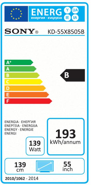 Etichetta energetica Sony Kd-55x8505b, 55" LED Triluminos, 4k, 200hz, Dvb-T2/C/S2, Wifi, 3d (55", LCD, 4K)