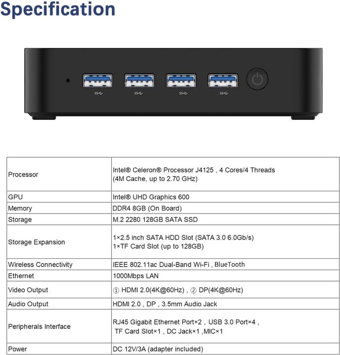 Actual product image Minisforum GK41 Mini-PC (Celeron J4125, 8GB Ram, 128GB SSD) (Intel Celeron J4125, 8 GB, 128 GB, Intel UHD Graphics, UHD Graphics 600)