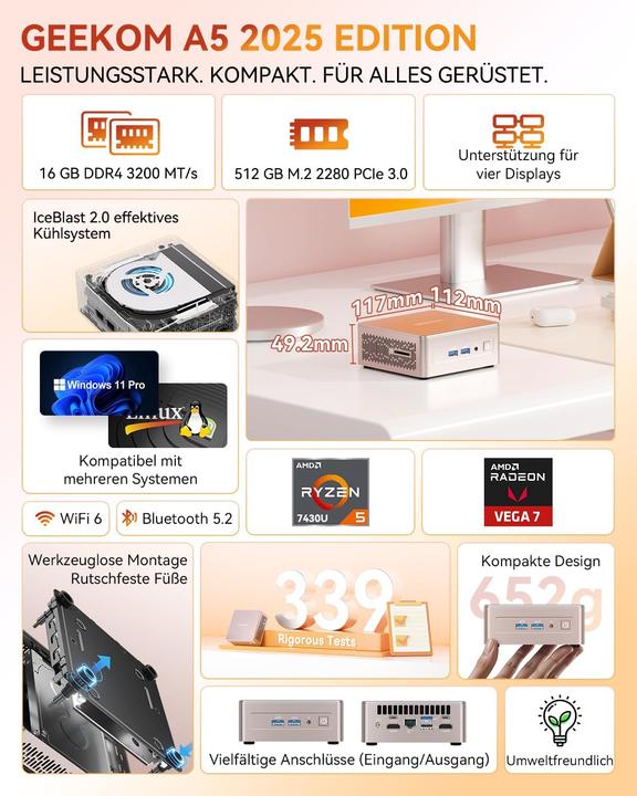 Produktbild Geekom Mini-PC 2025 Edition mit Ryzen 5 und Windows 11 Pro (AMD Ryzen 5 7430U, 16.38 GB)