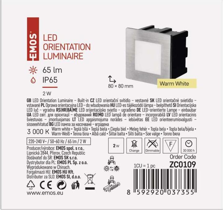 Produktbild Emos LED Treppenlicht – Einbauleuchte 80×80, 1,5W warmweiss IP65 (65 lm)