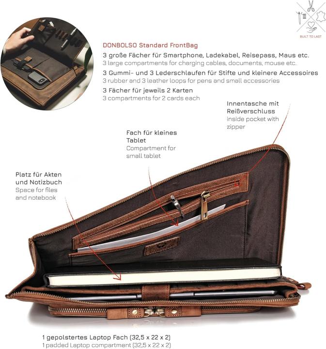 Produktbild Donbolso Leren Notebooktas Londen 15.6 inch, Mannen/Vrouwen, Bruin (15")