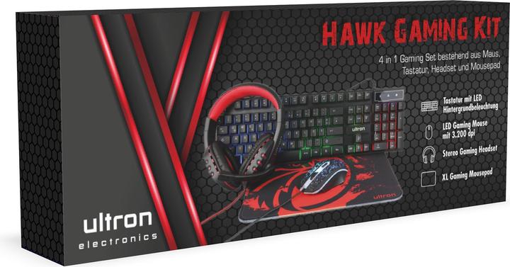 Productafbeelding Ultron HAWK Gaming Kit 4in1 (Toetsenbord+Muis+MuisPad+Hoofdtelefoon) (NL, Bedraad)
