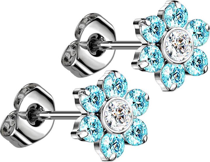 Star Piercing Threadless Ohrstecker silber Blume Kristalle aqua (Titan G23, ohne Messing)