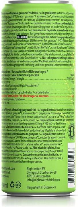 Nährwerte und Zutaten Nightwatch Focus & Power Extreme Energy Drink Bio (1 x 25 cl)