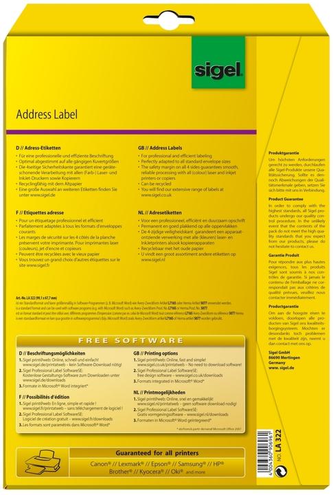 Nährwerte und Zutaten Sigel Adress-Etiketten