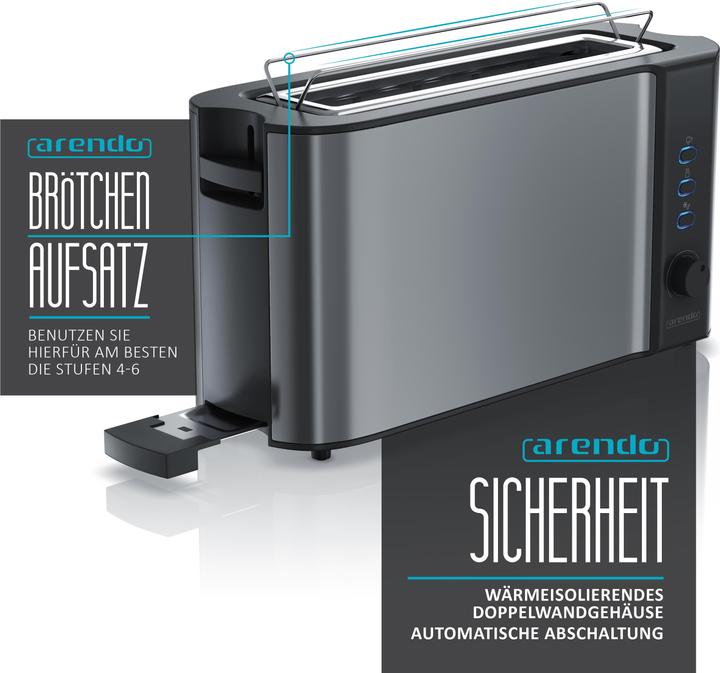 Produktbild Arendo Toaster Edelstahl 2 Scheiben Langschlitz, Doppelwand, Display mit Restzeitanzeige, Brötchenaufsatz