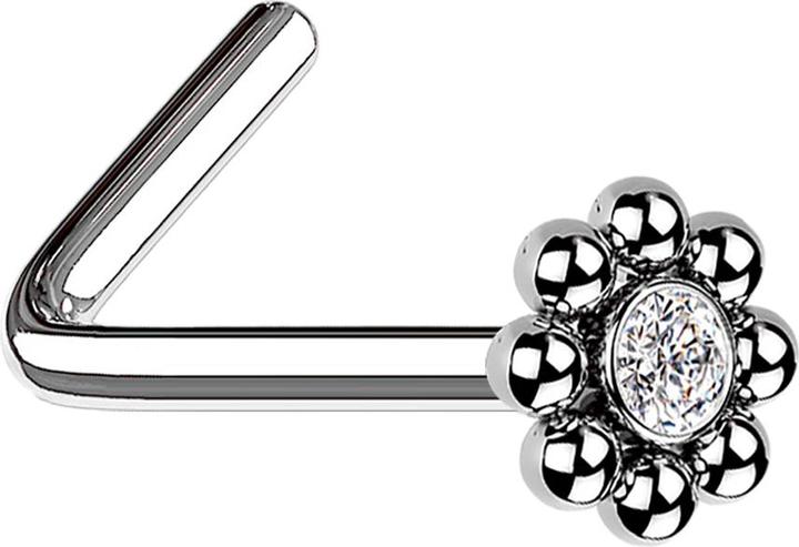 Star Piercing Nasenstecker gewinkelt silber Blume mit Kugeln und Kristall (ohne Messing, Chirurgenstahl 316L)