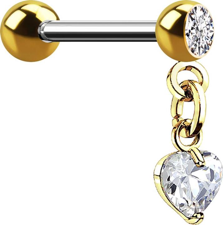 Star Piercing Micro Barbell 14k vergoldet mit Kugel und Anhänger Herz (Messing, Chirurgenstahl 316L)