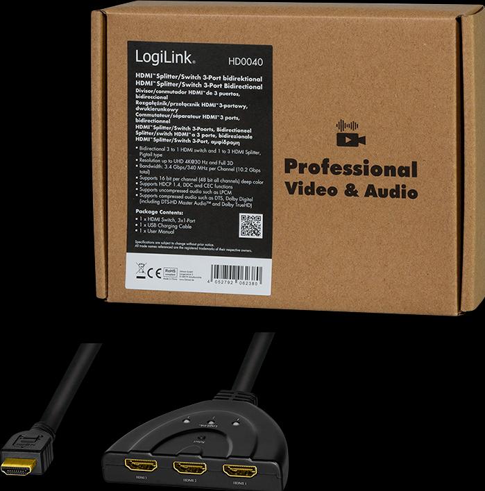 Image du produit LogiLink HD0040 HDMI Splitter 1x3/3x1 port, 4K/30 Hz, CEC,bidirect, pigtail