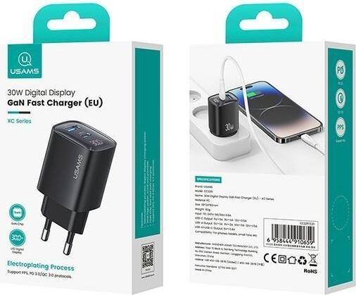 Produktbild Usams Ład. siec. CC229 30W GaN USB-C/USB-A Fast Charging XC Series czarny/black CC229TC01 (30 W)