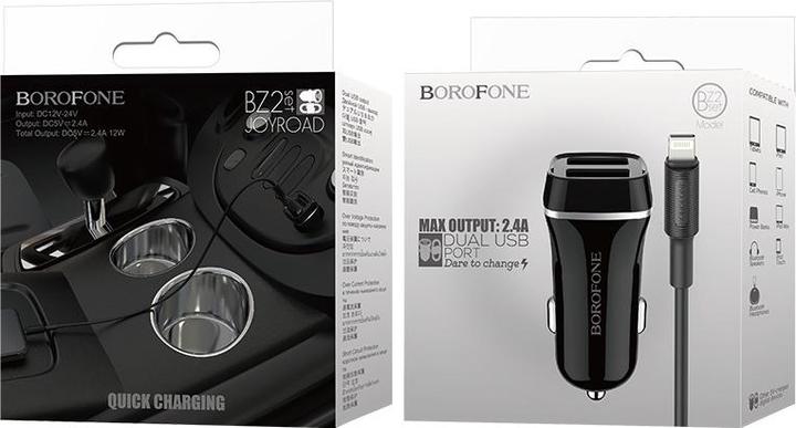 Produktbild Borofone Autoladegerät BZ2 mit 2 USB-Anschlüssen + Lightning (2,4A) schwarz (1 m, 12 W)
