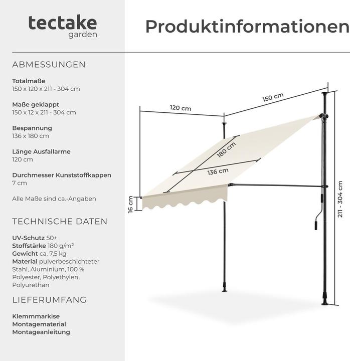 Produktbild tectake Klemmmarkise (1.50 m)