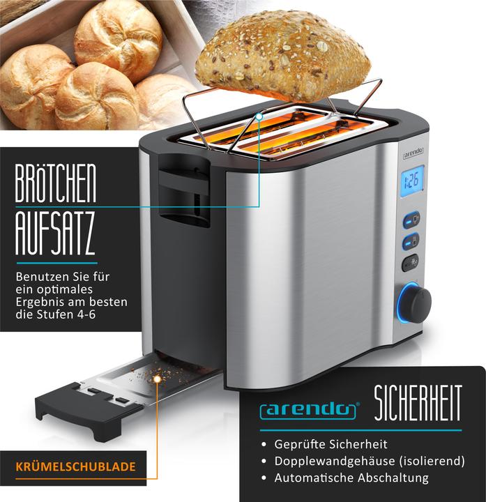 Produktbild Arendo Toaster Edelstahl 2 Scheiben Kurzschlitz, Display mit Restzeitanzeige, Doppelwand, Brötchenaufsatz