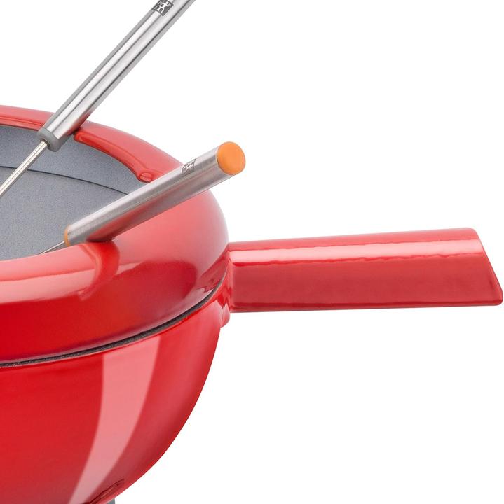 Productafbeelding Zwilling Gietijzeren fondueset 20 cm rood met 6 roestvrijstalen vorken (Kaasfondue, Chocoladefondue)