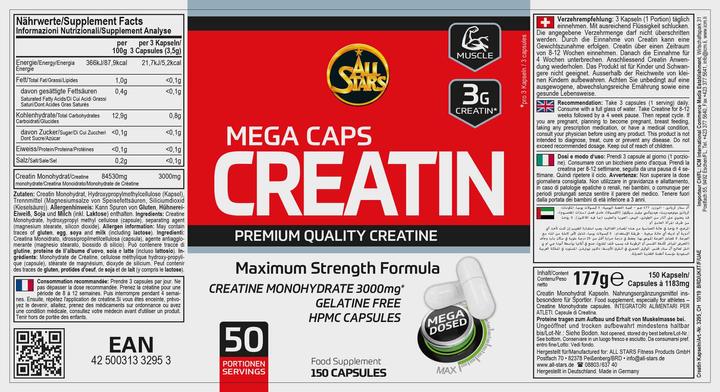 Nährwerte und Zutaten All Stars Creatin Mega Caps (150 Stück, Kapseln, 300 g)