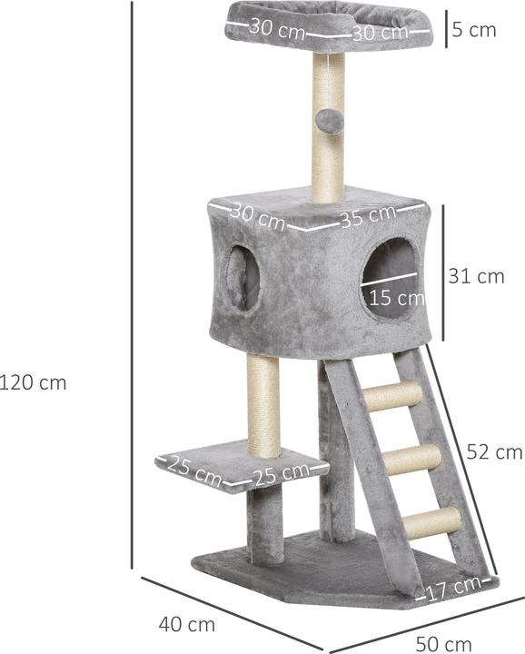 Produktbild PawHut Katzenbaum mit Katzenhöhle (120 cm, Hellgrau)