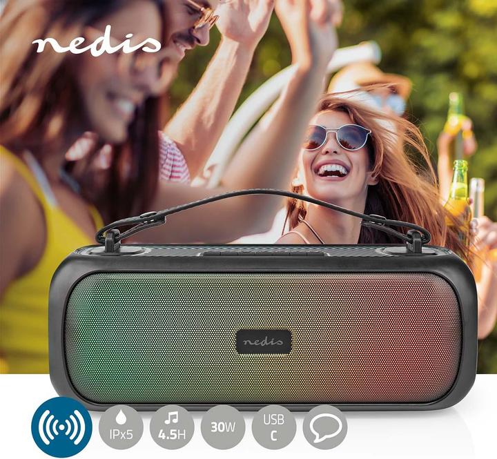 Immagine prodotto Nedis Bluetooth® Party Boombox 4,5 ore 2,0 30 W Riproduzione multimediale: AUX/USB Collegabile IPX5 (4.50 h, Corrente elettrica)