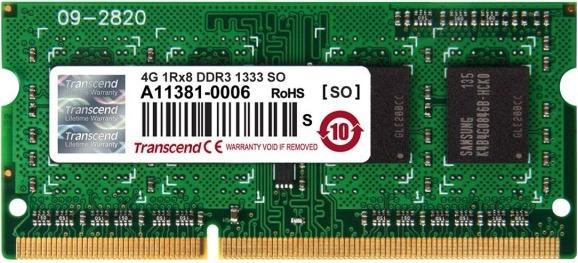 Produktbild Transcend SODIMM DDR3 1333Mhz 4GB Non-ECC SRx8 1.5V CL9 (1 x 8GB, 1333 MHz, DDR3-RAM, SO-DIMM)