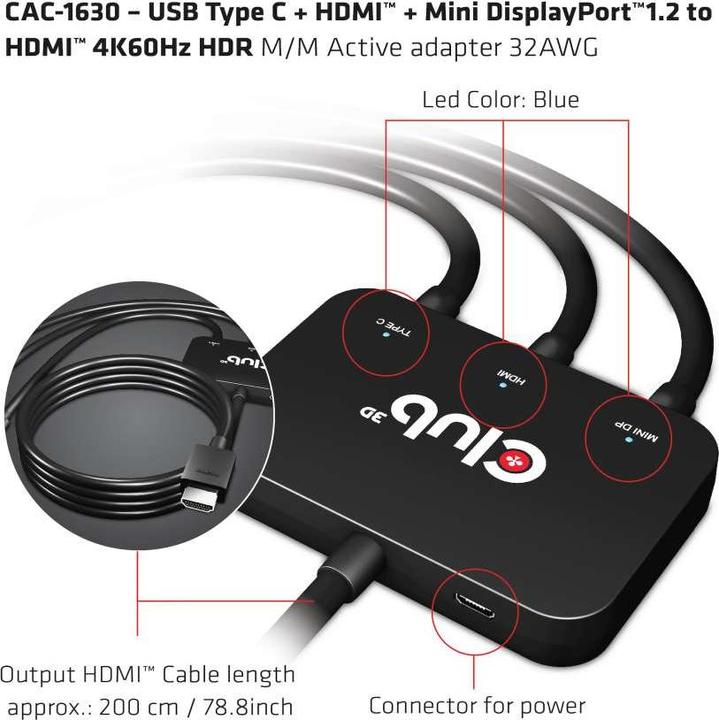 Produktbild Club 3D Aktiver Adapter Multiport zu HDMI 4K60Hz (USB Typ-C, Mini DP, HDMI, 8 cm)